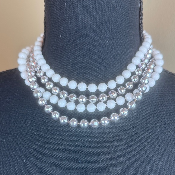 Vintage Multi-Strand White & Silver Beaded Necklace Choker - Picture 1 of 4